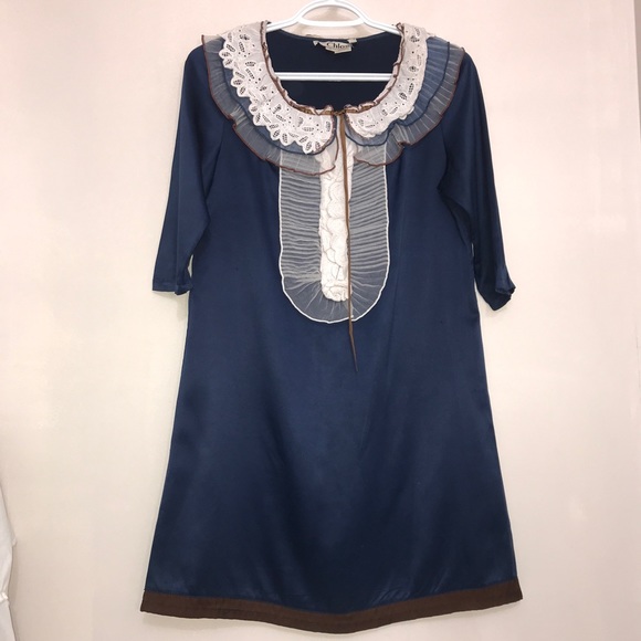 Chloe Cerulean Silk Ruffled Lace 3/4 Sleeve Dress - Picture 10 of 10